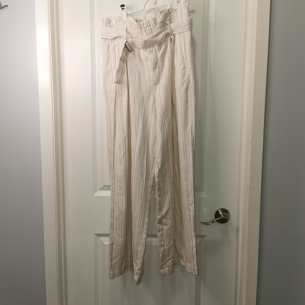 Paperbag Waist Striped Linen-Blend Womens pants. WIDE LEG - Picture 4 of 10